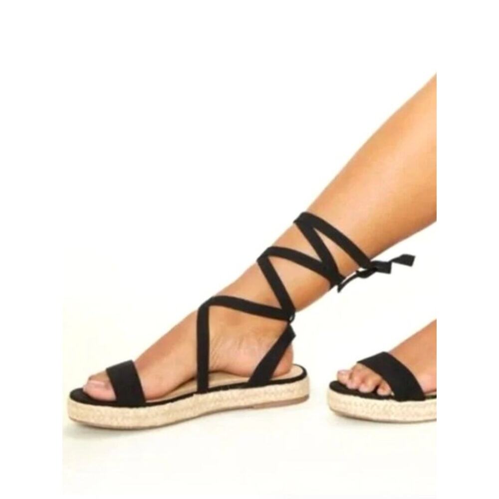 Pretty Little Thing Black Sandals Lace Up Espadrilles Size 7 Straw Faux Suede
